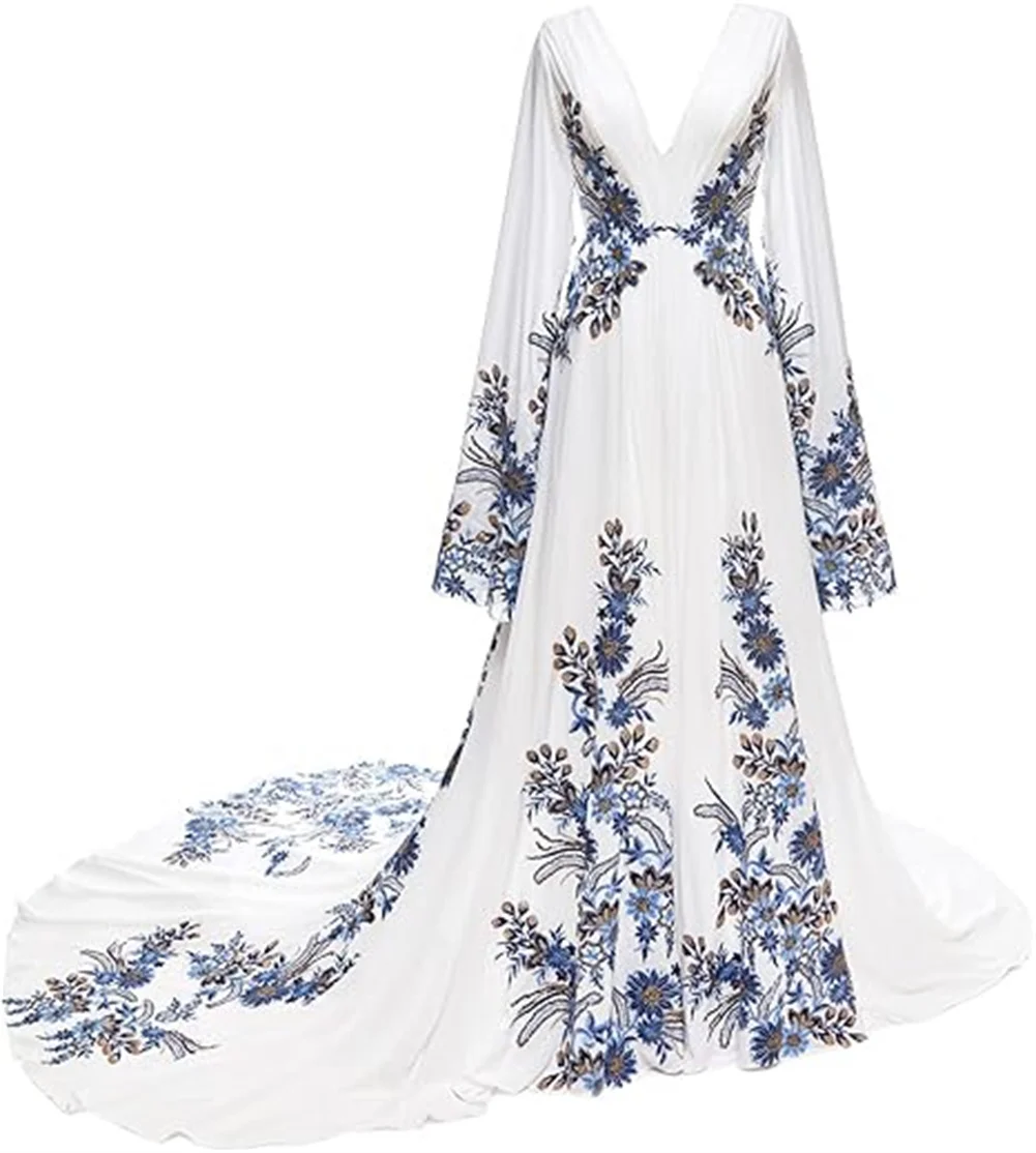 

Customized Boho Long Sleeves Wedding Dresses For Bride Blue Floral Embroidered Chiffon Deep V Neck Maxi Bridal Gowns With Train
