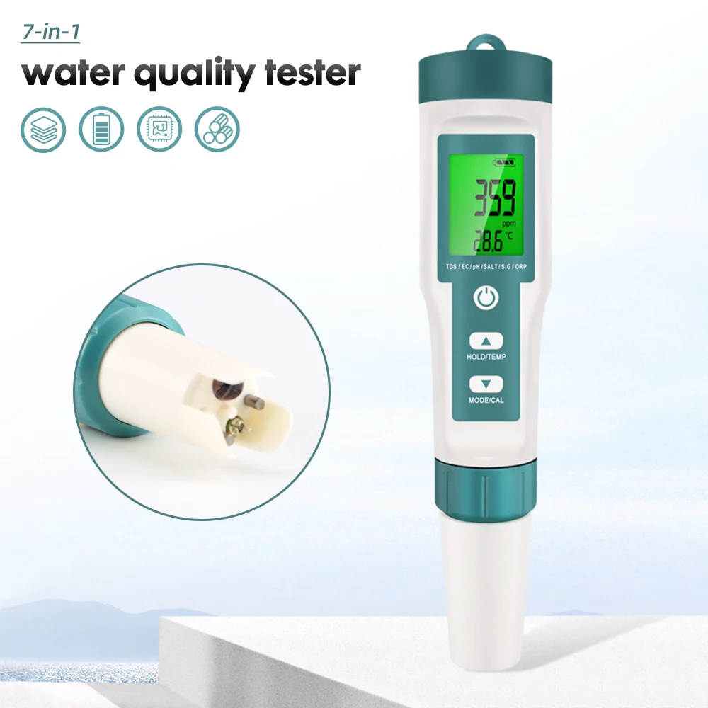 7 In 1 Water Quality Monitor Chlorine Meters PH Meter ORP TDS Salinity Testers EC Temp Detector Tool for Pool Filter Aquariums