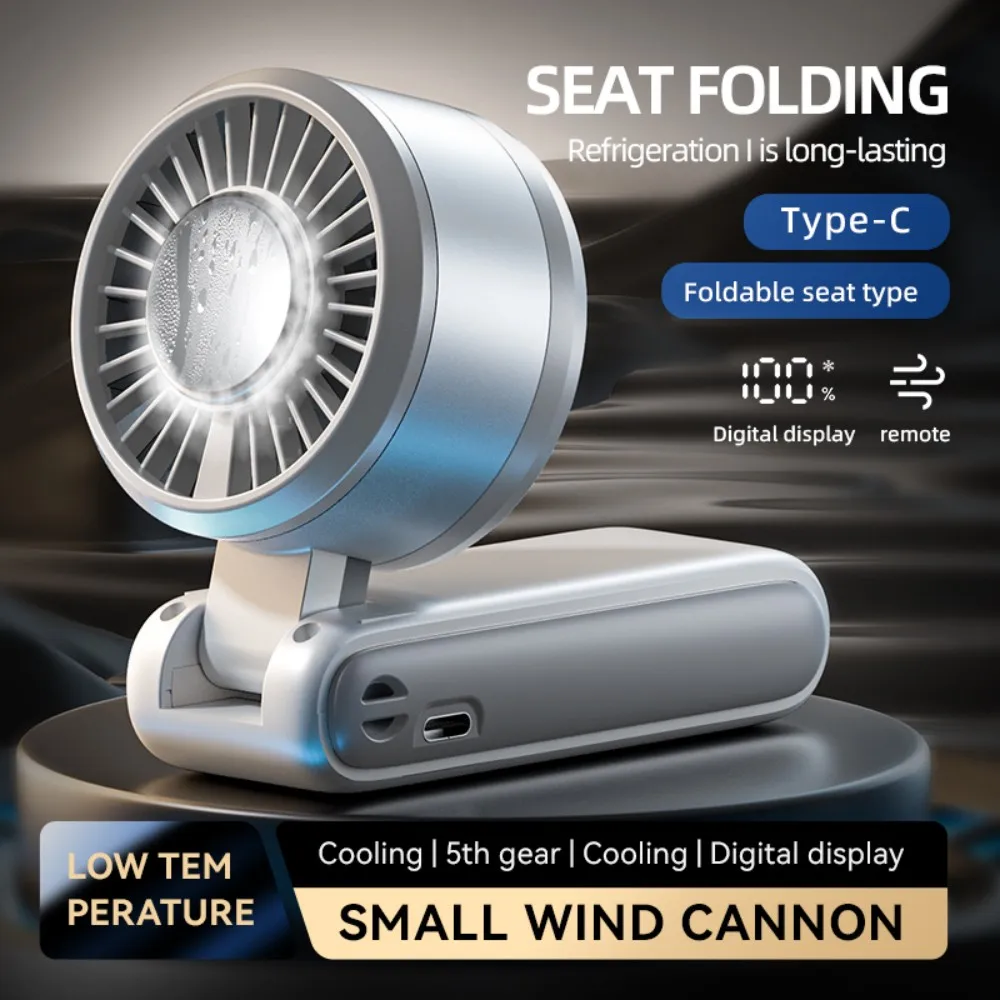 Portable Handheld Turbo Fan with Ice Compress and Lanyard 5-speeds Adjustable 4000mAh Rechargeable Foldable Desktop Cooling Fan