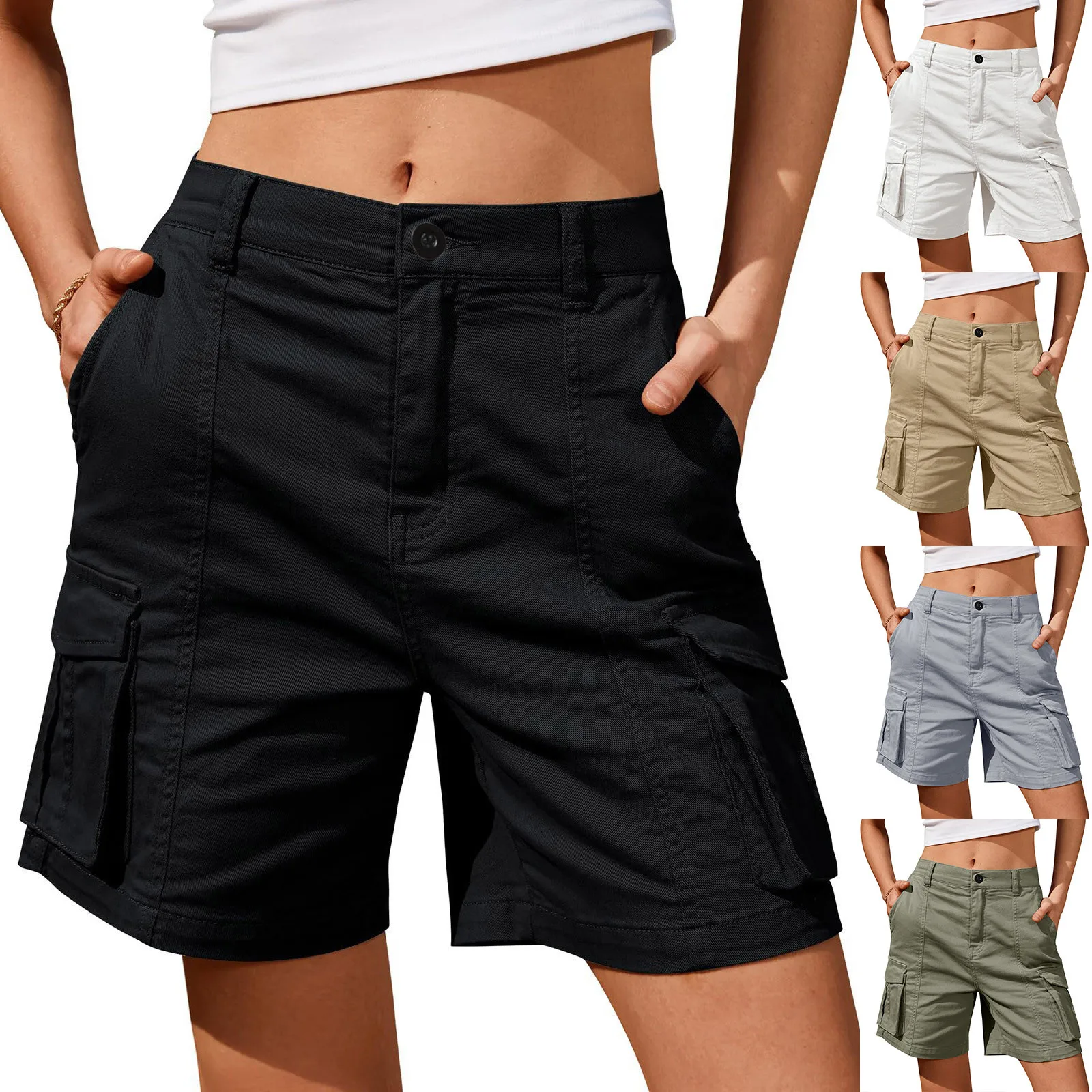 Women Cargo Shorts Knee Length Elastic Waist Long Shorts For Summer Casual Women'S Pants Korean Women Clothes