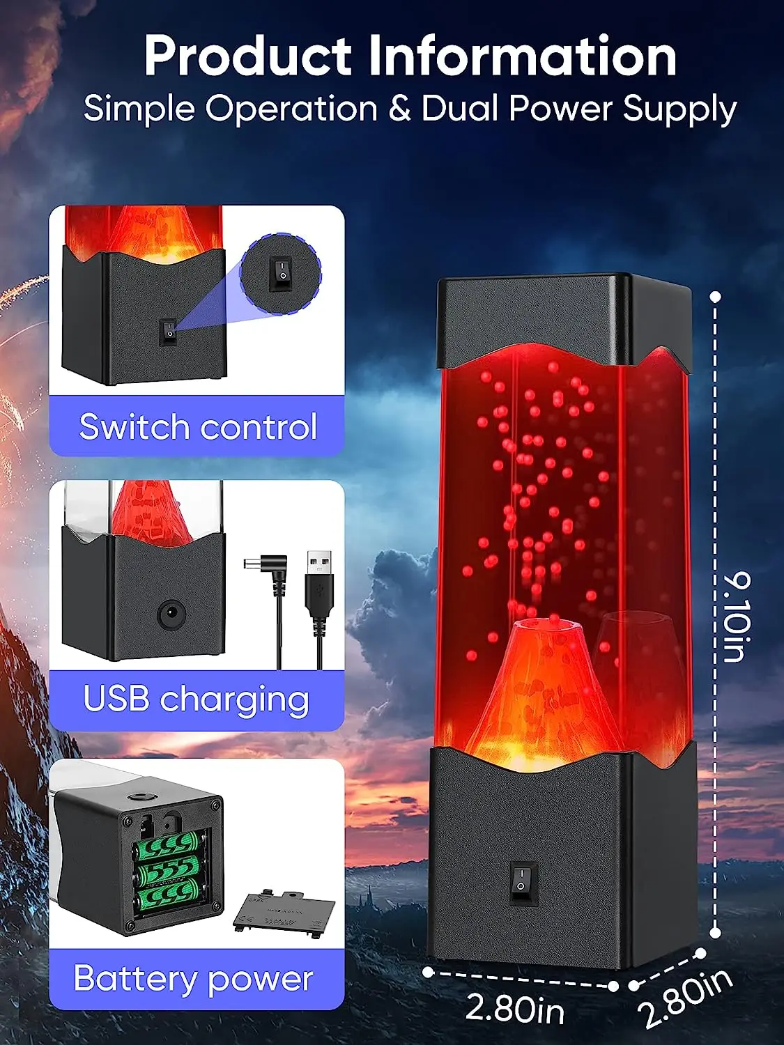 USB Powered Volcano Lava Lamp for Adults - Mood Night Light for Room, Office, and Desktop, Novelty Gift for Kids