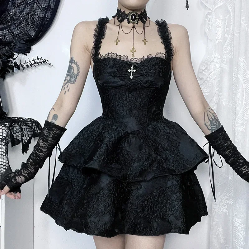 Gothic Jacquard Double Cake Suspender Dress Women Vintage Lace Trim Backless A Line Mini Dress Sexy Club Cami Dress