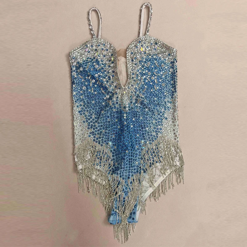 Costume de chanteuse de fête en tricot pour femme, costume de batterie à franges, tenue de scène, bleu, argent, biscuits, boîte de nuit, DJ, festival, DS, XS8898