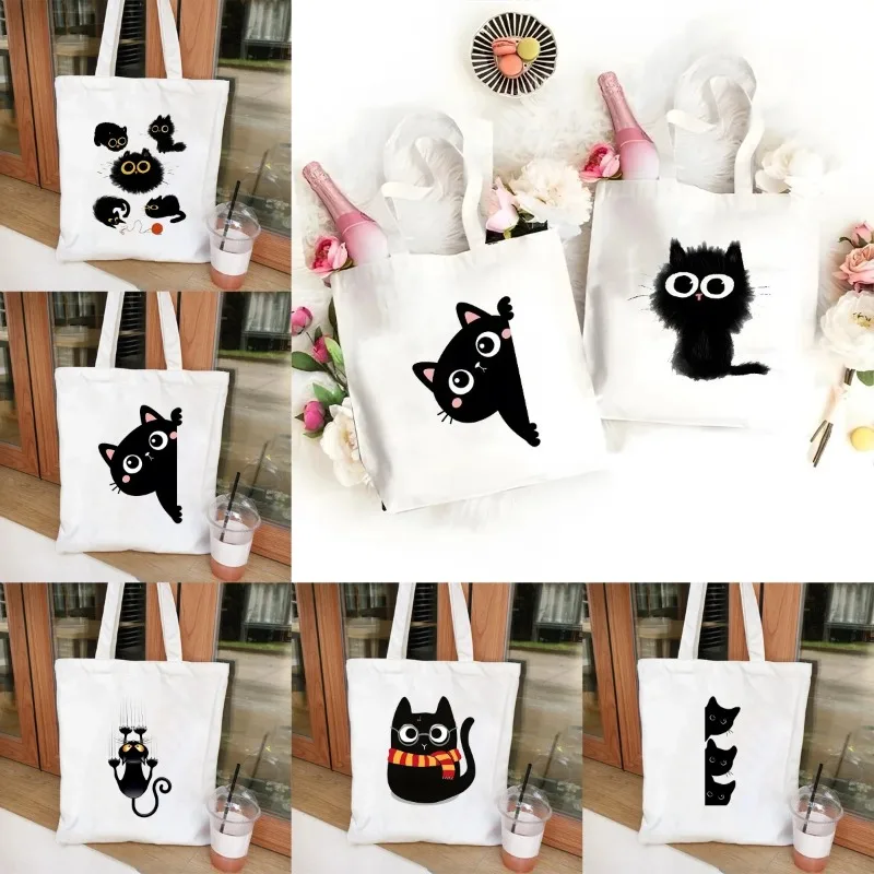 Nette Cartoon Katze Gedruckt Harajuku Leinwand Tote Schulter Tasche Frauen Mode Wiederverwendbare Umweltfreundliche Casual Täglichen Einkaufs Handtasche