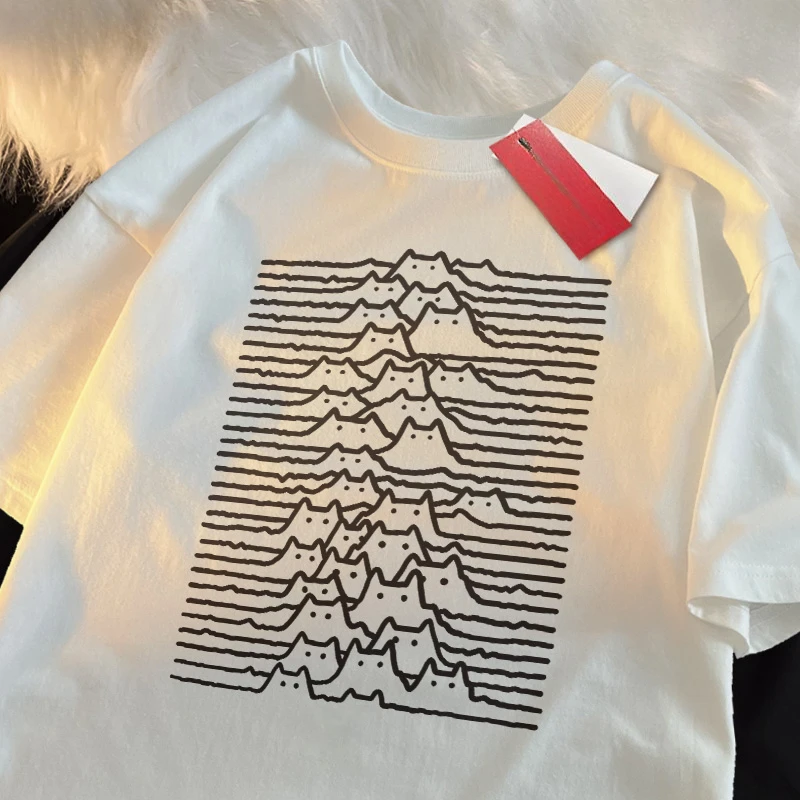 Cat Group Mountain Cartoon Trendy Summer Travel Mountain And River Cat Line T-shirt a maniche corte Uomo Donna Trendy Brand Stitch