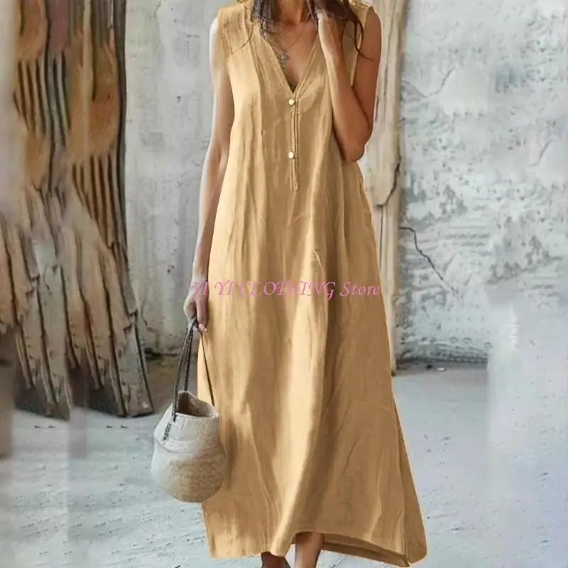 N5KF Easy Care Machine Washable Women's V Neck Sleeveless Long Dress in Breathable Polyester for Simple Maintenance