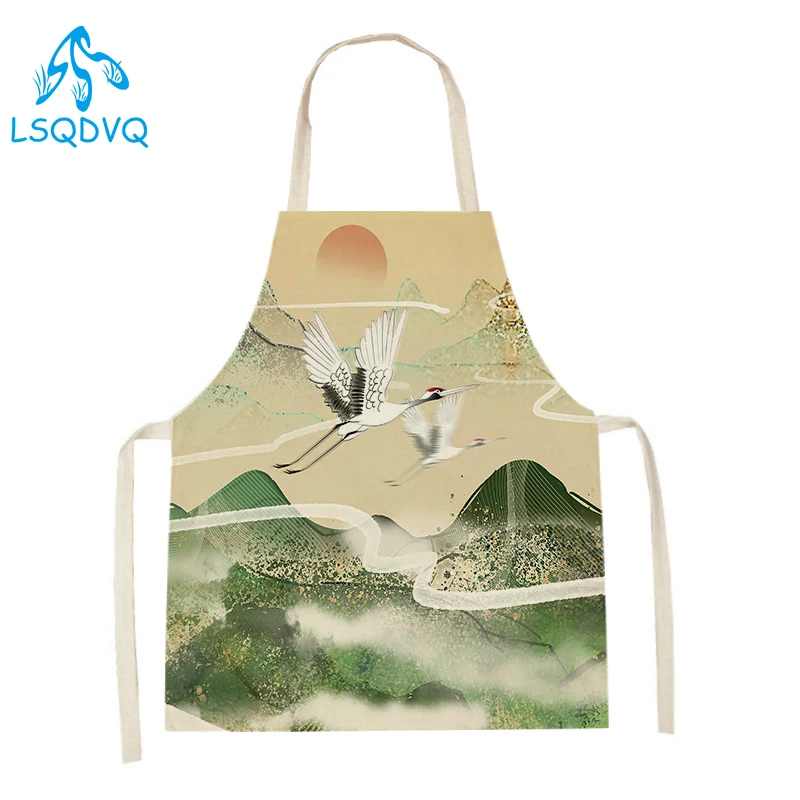 Animal Bird Crane Pattern Kitchen Aprons for Women Men Sleeveless Linen Aprons Home Cleaning Tools Baking Cooking Accessories