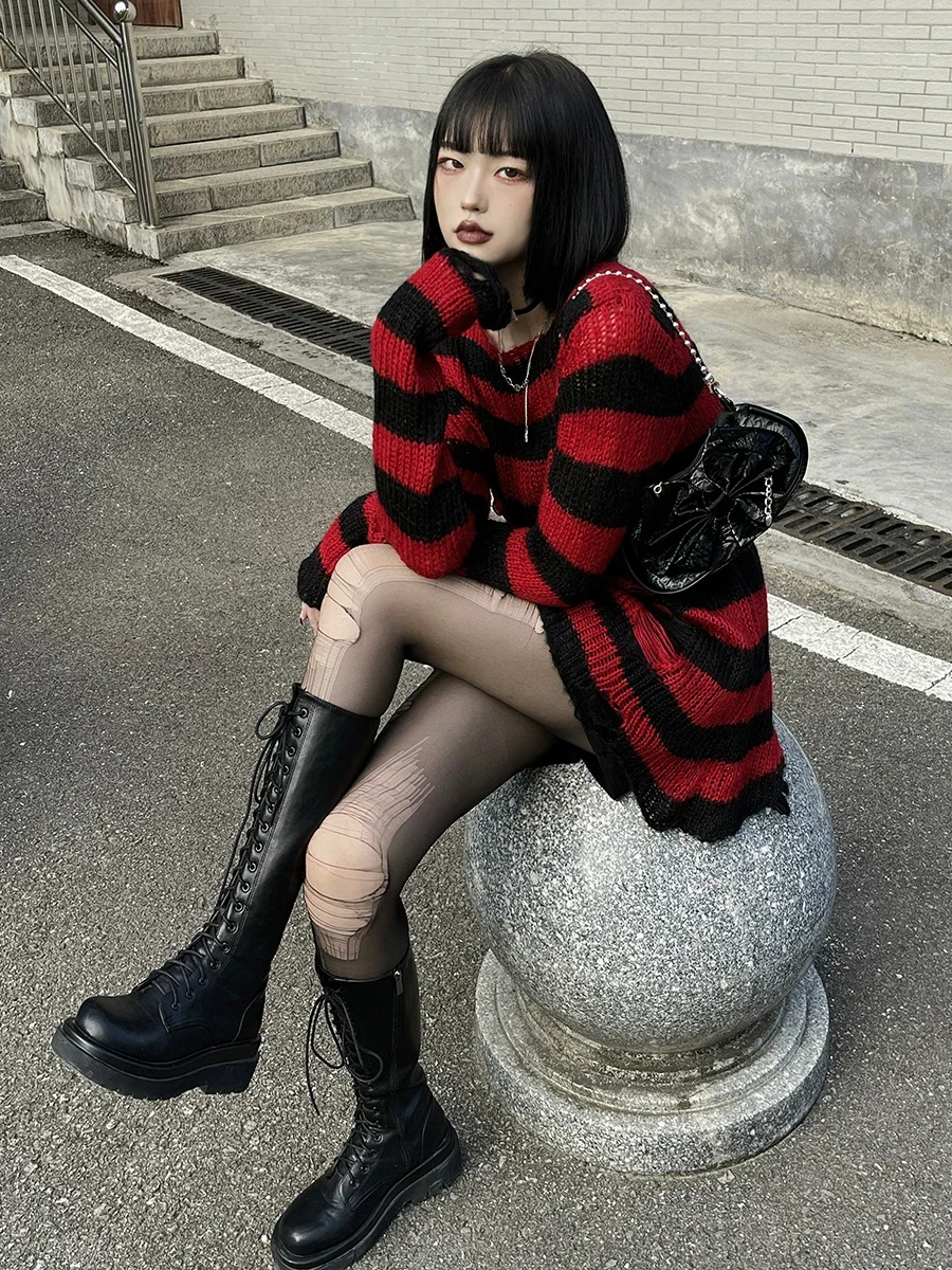 Hot Girl Streetwear Fashion Red Black Striped Sweaters Women Punk Subculture Hole Belt Knitted Pullover Autumn Gothic Sweater