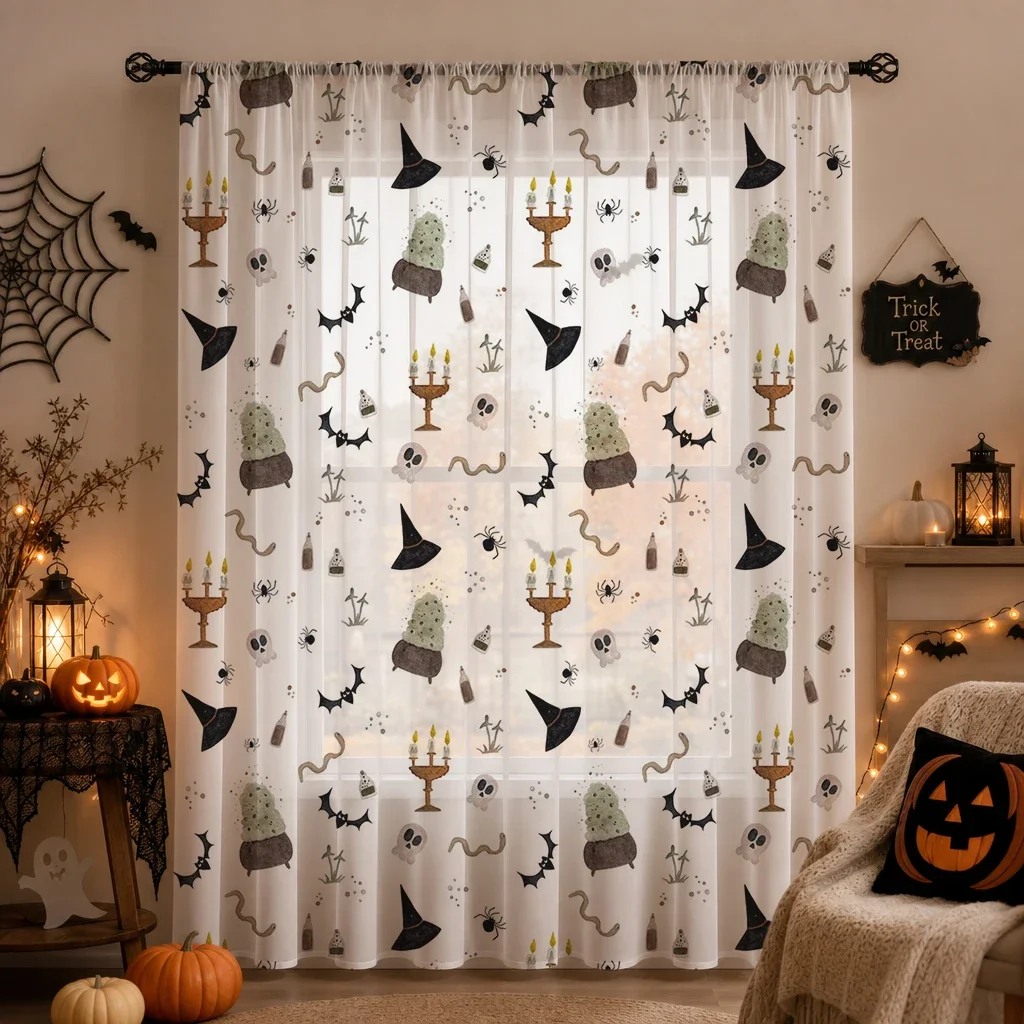Halloween Festival Sheer Curtain, Good Quality Light Reducing Privacy Voile for Living/Bedroom/Kids Room,Rod Pocket