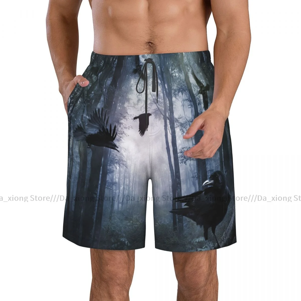 Men Beach Short Quick-drying Swimming Trunk Black Crows Flying In The Night Forest Swimwear Swimsuit Bathing Shorts