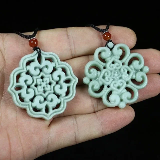 Lantian Jade Flowers Hollow out Wisiorek Naszyjnik Akcesoria Biżuteria Amulety Zielone Prezenty Kobiety Naturalne Rzeźbione Prawdziwe Uroki
