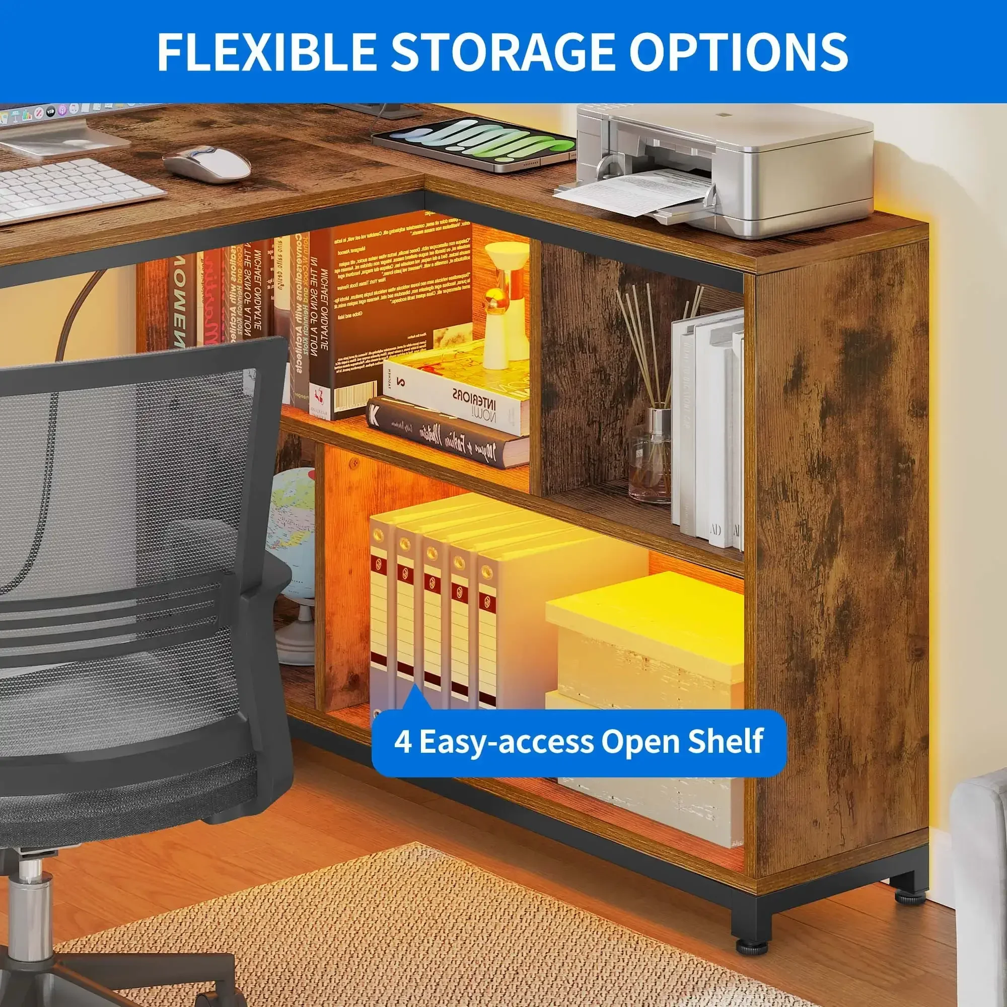 L Shaped Desk with LED Light & Power Outlets,Computer Desk Office Desk for Home Office, Brown