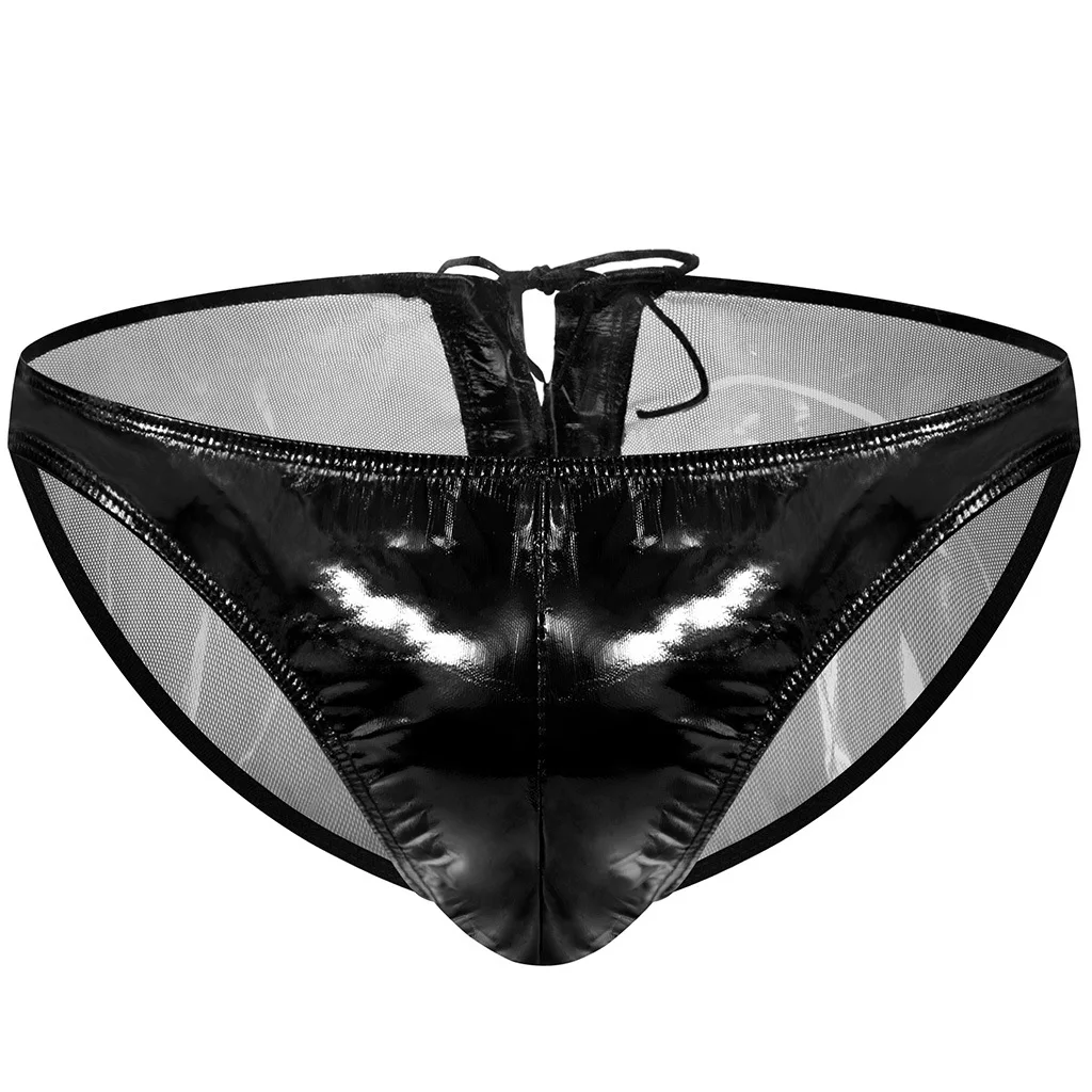 

Эротическое мужское нижнее белье Wetlook из искусственной кожи, сексуальное нижнее белье для геев с низкой талией, U-образный выпуклый чехол, трусы с завязками на спине, сценический латексный костюм