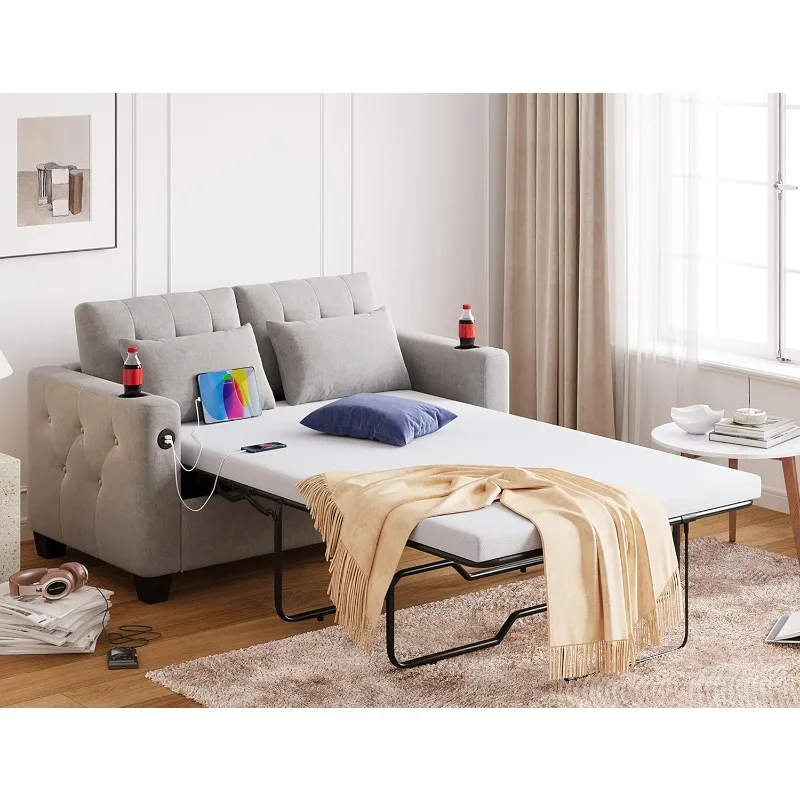 Pull Out Sofa Bed Foam Mattress and Solid Wood Bed Frame, Two   Sleeper Sofa Bed for Living Room Home Office, Grey, Full Size