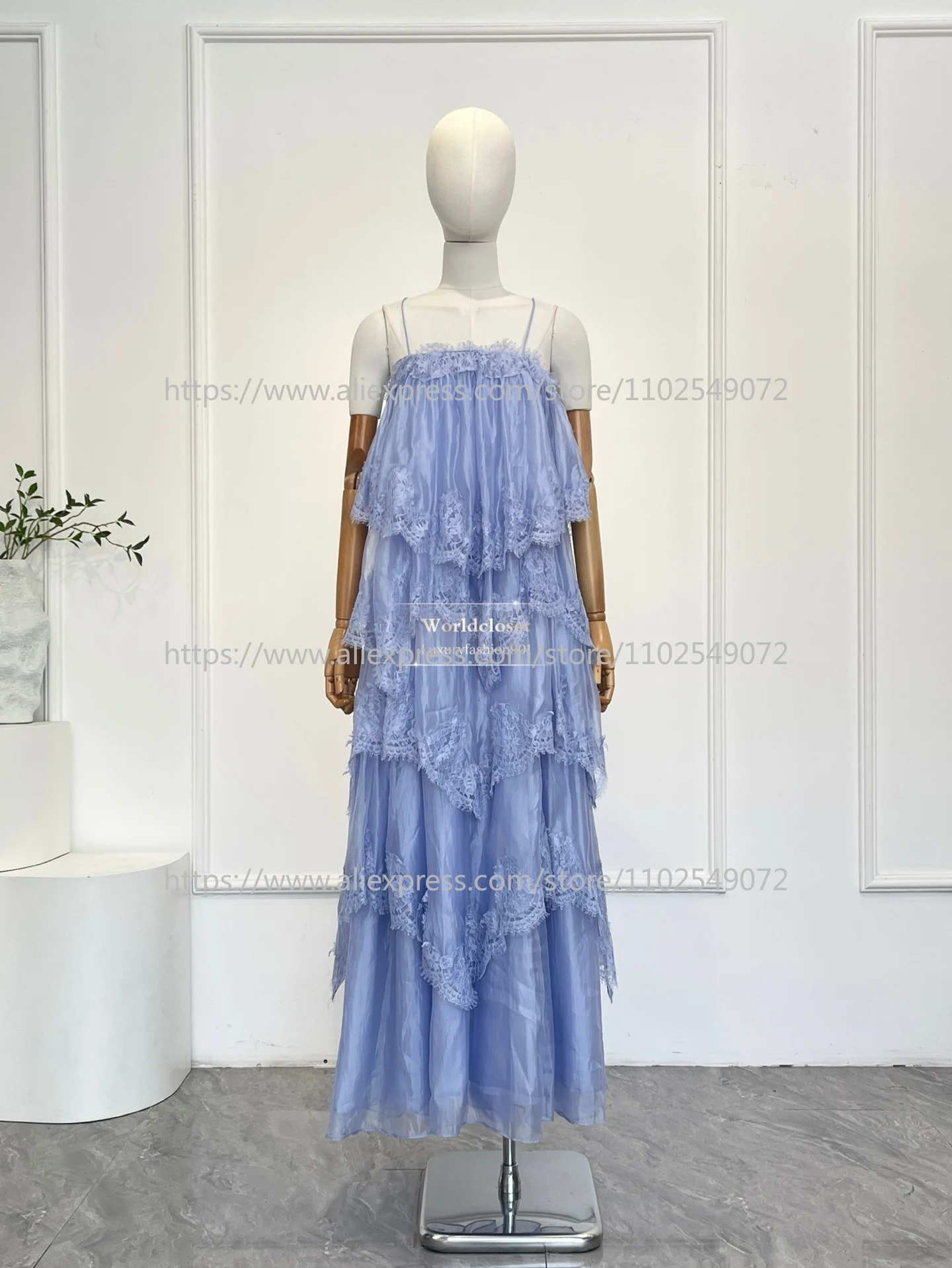 

2026 Beach Style High Quality Spring Summer Lace Trim Ruffles Sleeveless Tiered Women Halter Blue Maxi Dress