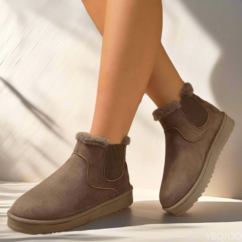 Autumn and Winter Solid Color Round Toe Thick Soled Oversized Women's Snow Boots with Added Fleece and Thick Insulation Inside