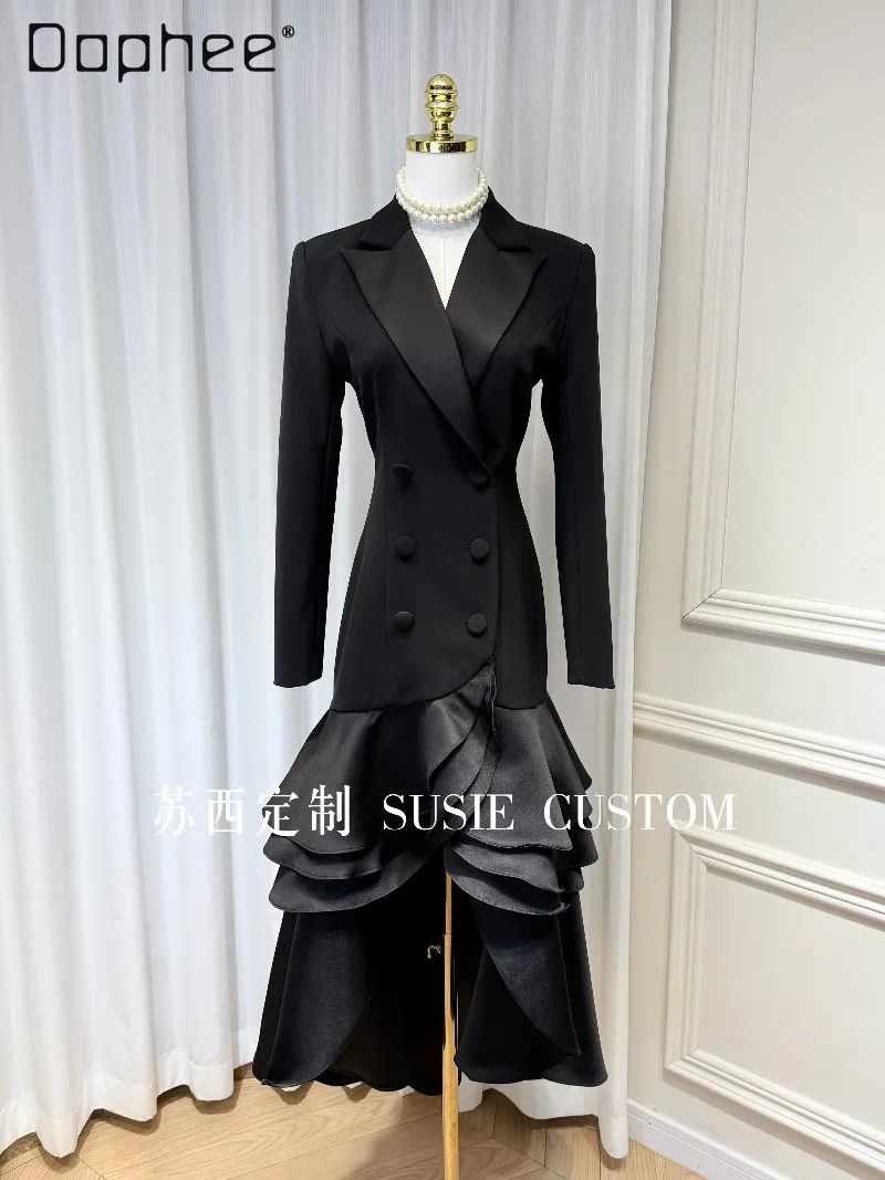 

High End Temperament Satin Collar Double-breasted Slim Irregular Ruffle Edge Long Suit Dress Korean Chic Cross-neck Dress Women
