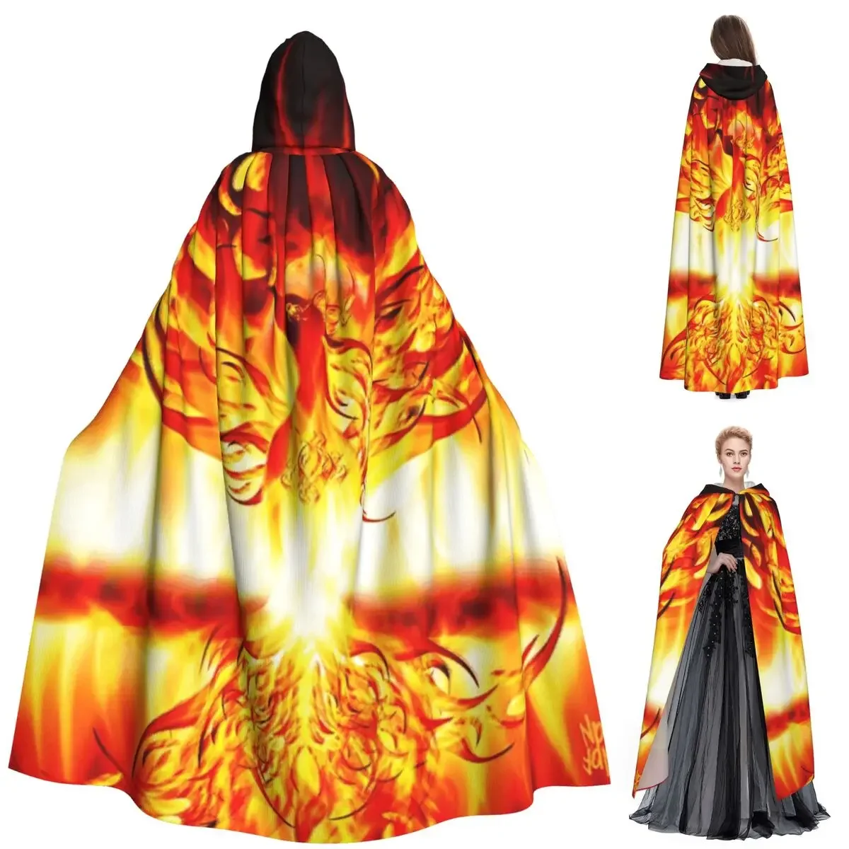 

Fire Phoenix Long Hooded Cloak Witch Medieval Costume Cosplay Cape HalloweenCoat Adult Unisex
