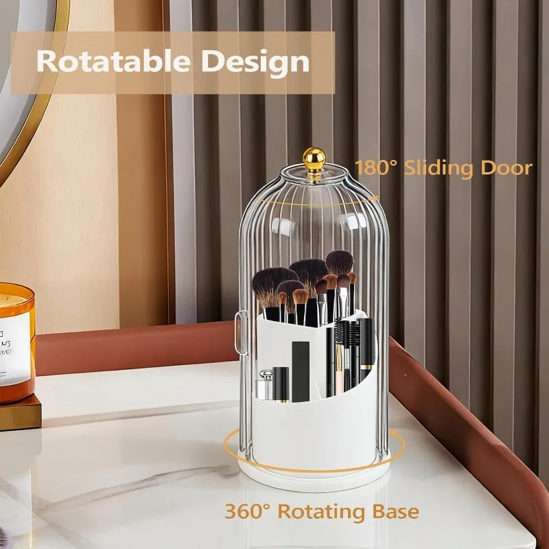 1Pc Toothbrush Holder with Cover, 360 Rotating Dust-proof Toothbrush Holder 3 Slots Rotating Makeup Brush Holder for Vanity Bathroom Countertop Organizer (Transparent)