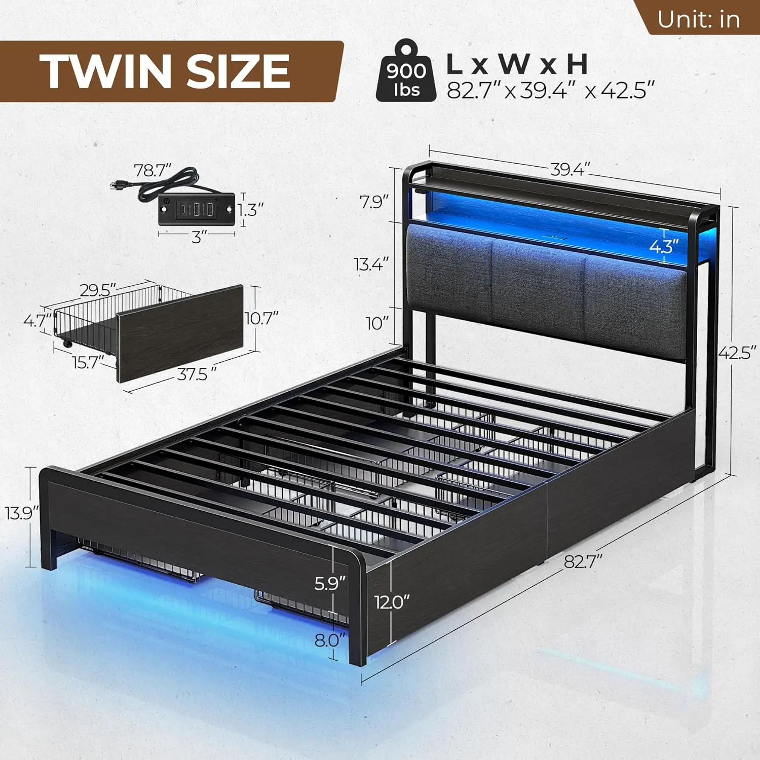 Bed Frame Twin Size with Charging Station and LED Lights, Upholstered Storage Headboard with Drawers, Heavy Duty Metal Slats, No