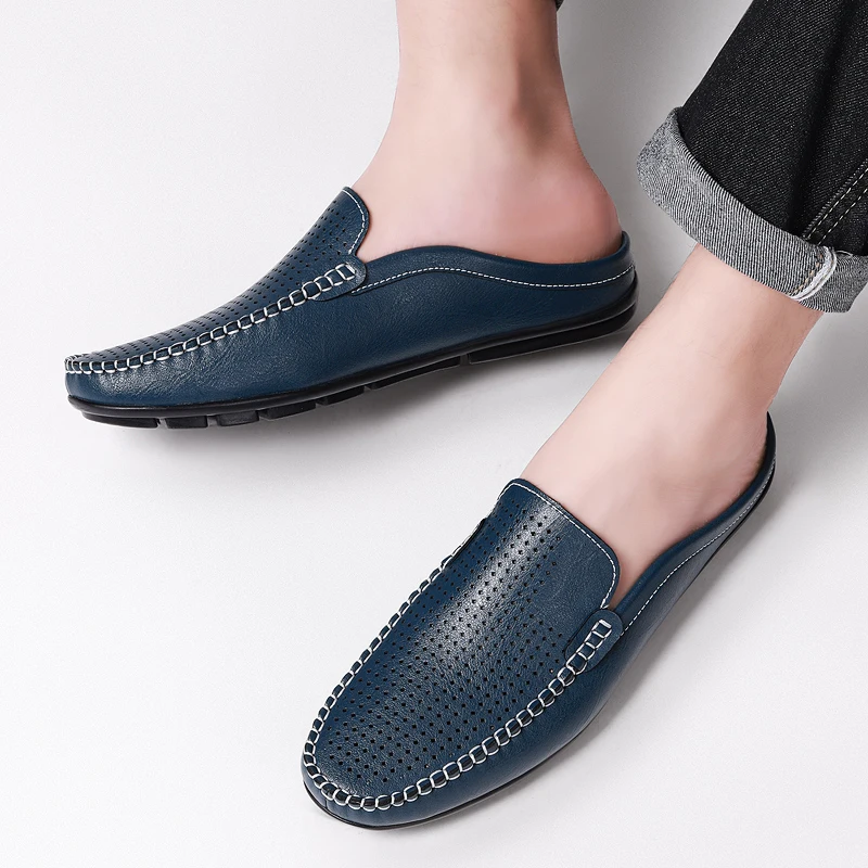 

Мужские шлепанцы на плоской подошве без шнуровки из натуральной яловой кожи, роскошные повседневные модельные лоферы, шлепанцы, удобные дышащие получешки