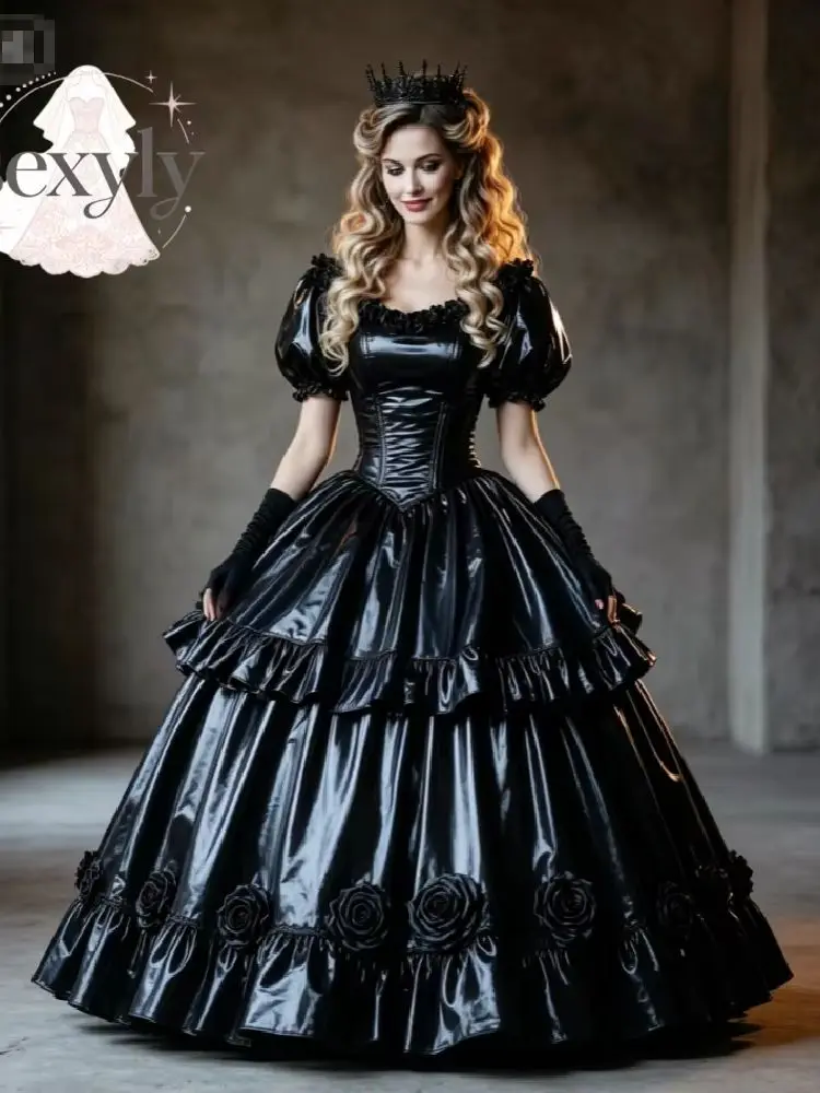 Schwarzes Glänzendes PVC-Gothic-Abendkleid mit Puffärmeln, Korsett, Viktorianisches 3D-Rosen-Ballkleid für Halloween, Karneval, Cosplay, Mittelalter