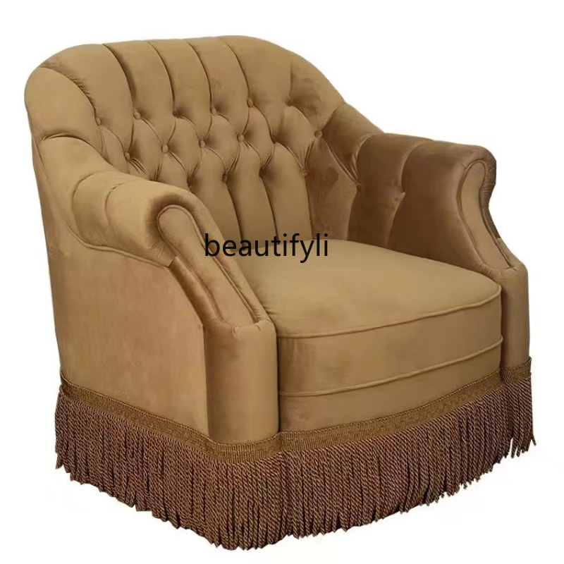 French Retro Single Fabric Pull Buckle Sofa Small Apartment Living Room Design Tassel Velvet Sofa furniture