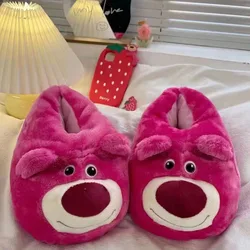 Disney Kawaii Lotso Strawberry Bear Flat Shoes Cotton Slippers Women Home Indoor Non Slip Thick Bottom Warm Slippers House Shoe