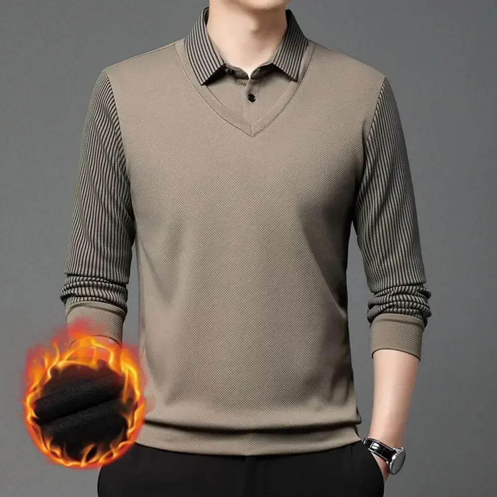 

2024 Autumn Winter Men's Wool Shirt-Neck Sweater Fake Two-piece Fashion Solid Warm Fleece Casual Knitted Sweater Pullovers Shirt