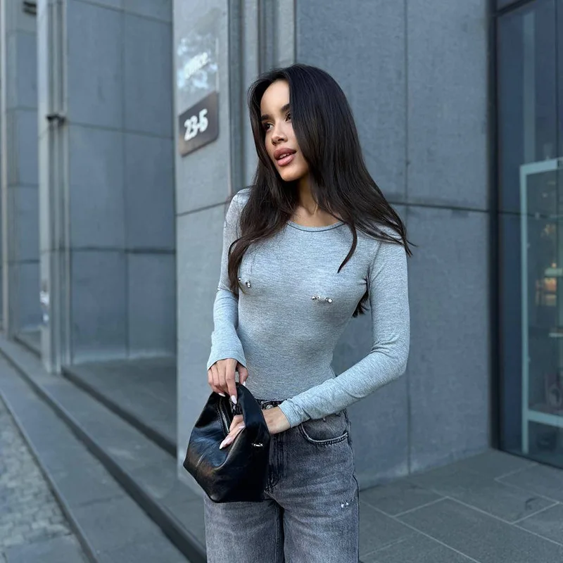 Yaminiya جديد زخرفة المعادن طويلة الأكمام ضيقة التخسيس الجولة الرقبة Playsuit مثير بذلة النساء الملابس النسائية رومبير #3