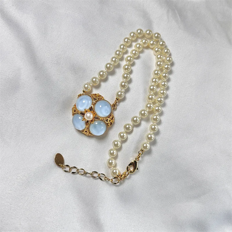Vintage French Lace Style Light Blue Cat Eye Flower Freshwater Pearl Necklace for Women’s Party Fashion Jewelry