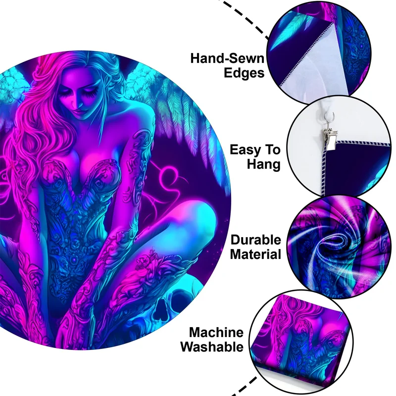VIKAMA Blue Pink Neon Winged Tattooed Angel Woman Tapestry Gothic Skull Blacklight Wall Hanging Bedroom Indie Wall Art Decor