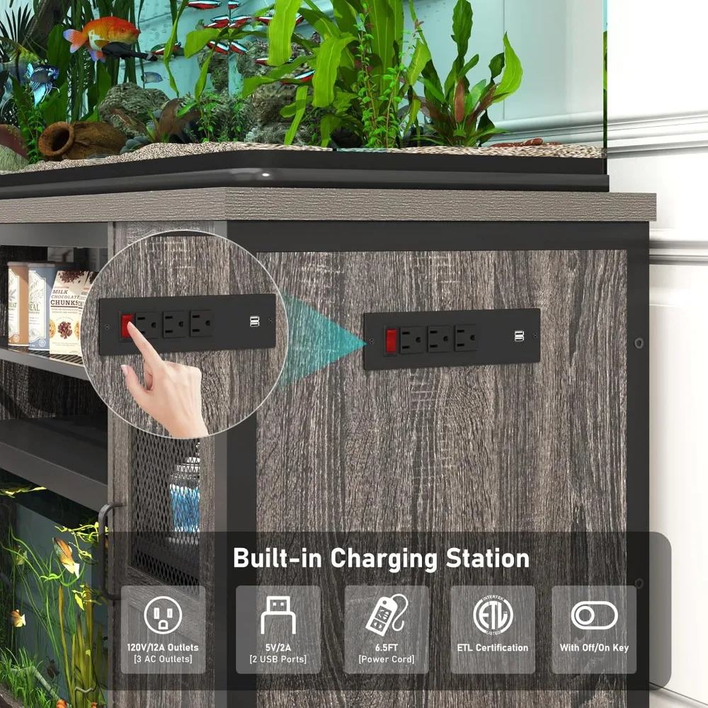 55-75 Gallon Fish Tank Stand with Power Outlet&LED Lights, Heavy Duty Metal Aquarium Stand for 2 Fish Tank Accessories Storage,