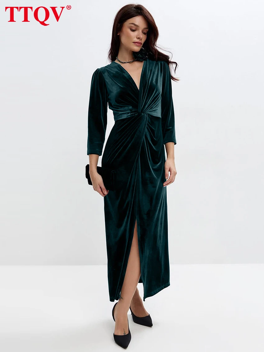

TTQV Sexy Loose Khaki Women's Dress 2026 Fashion V-Neck Long Sleeve Ankle Length Dresses Elegant Classic Ruched Female Dress