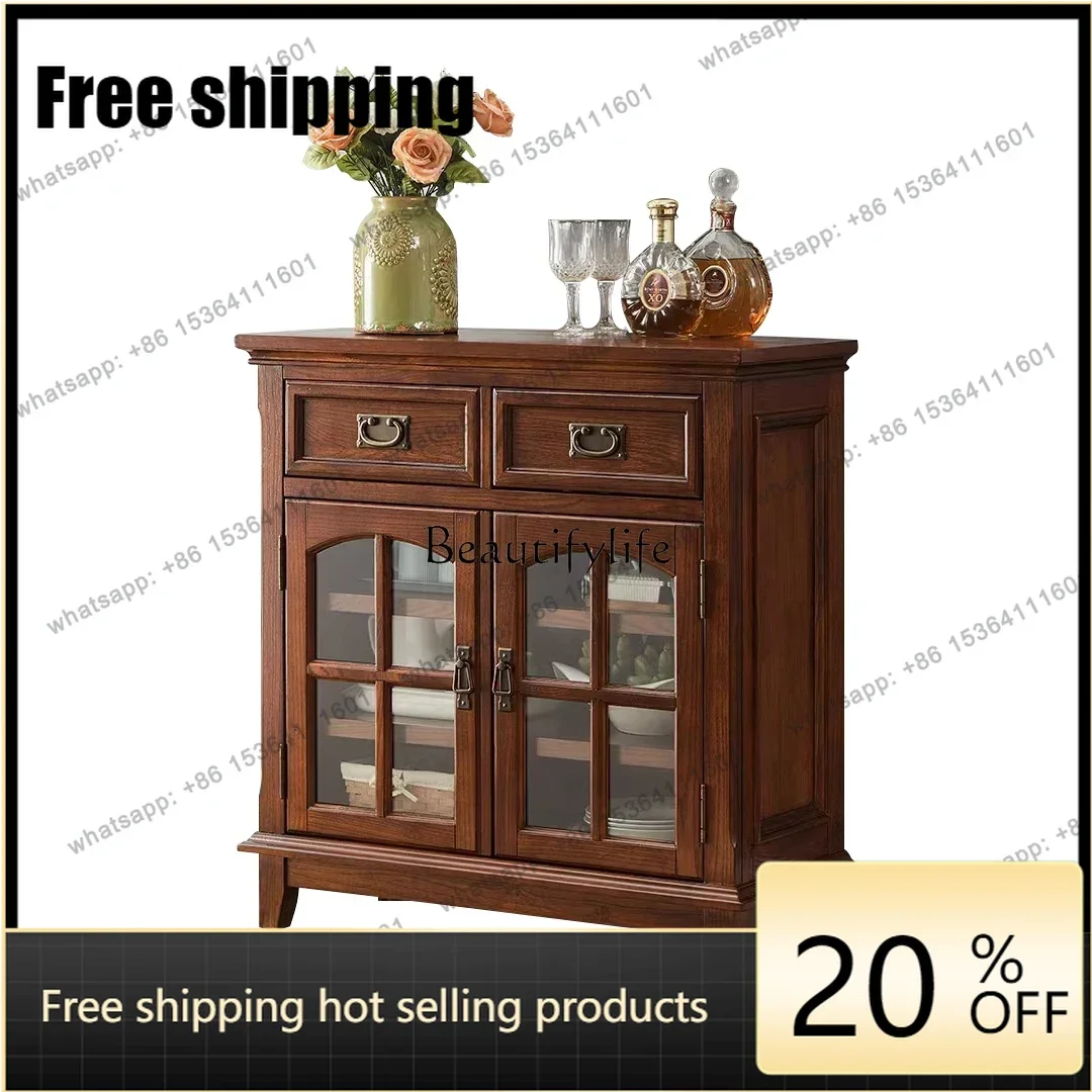 Customizable  American-style Solid Wood Sideboard Cabinet For Home Dining Room Double-door Glass Storage Cabinet