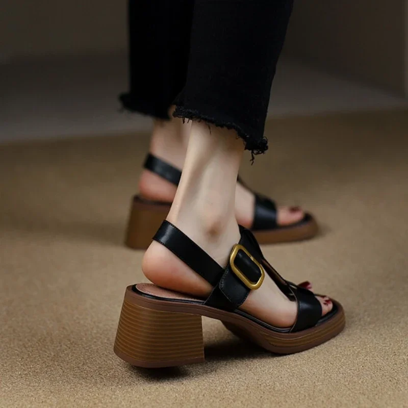 Summer Retro Platform Sandals Female Roman Thick Heeled Shoes Belt Buckle Open Toe Square Head High Heels Sandalias