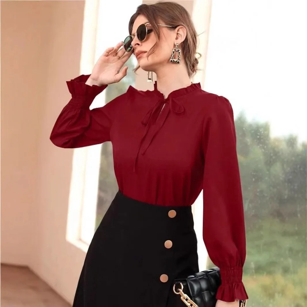 

Elegant Korean Satin Solid Color Ruffles Shirt Casual Fashion Long Sleeve Loose Blouses Pullover Tops Shirts Spring Autumn