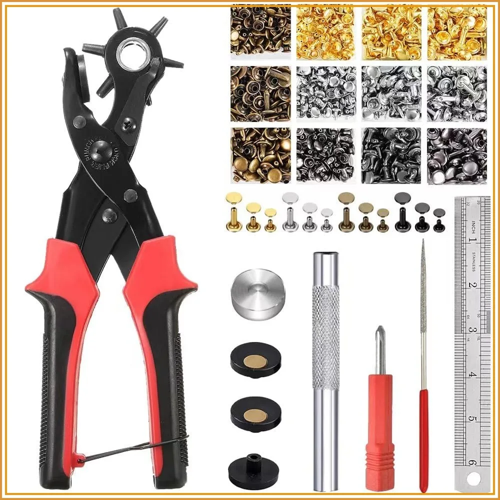 

Belt Hole Puncher with 240 Leather Rivets - Updated Hole Sizes for Belts, Watch Bands, Dog Collars, DIY Projects