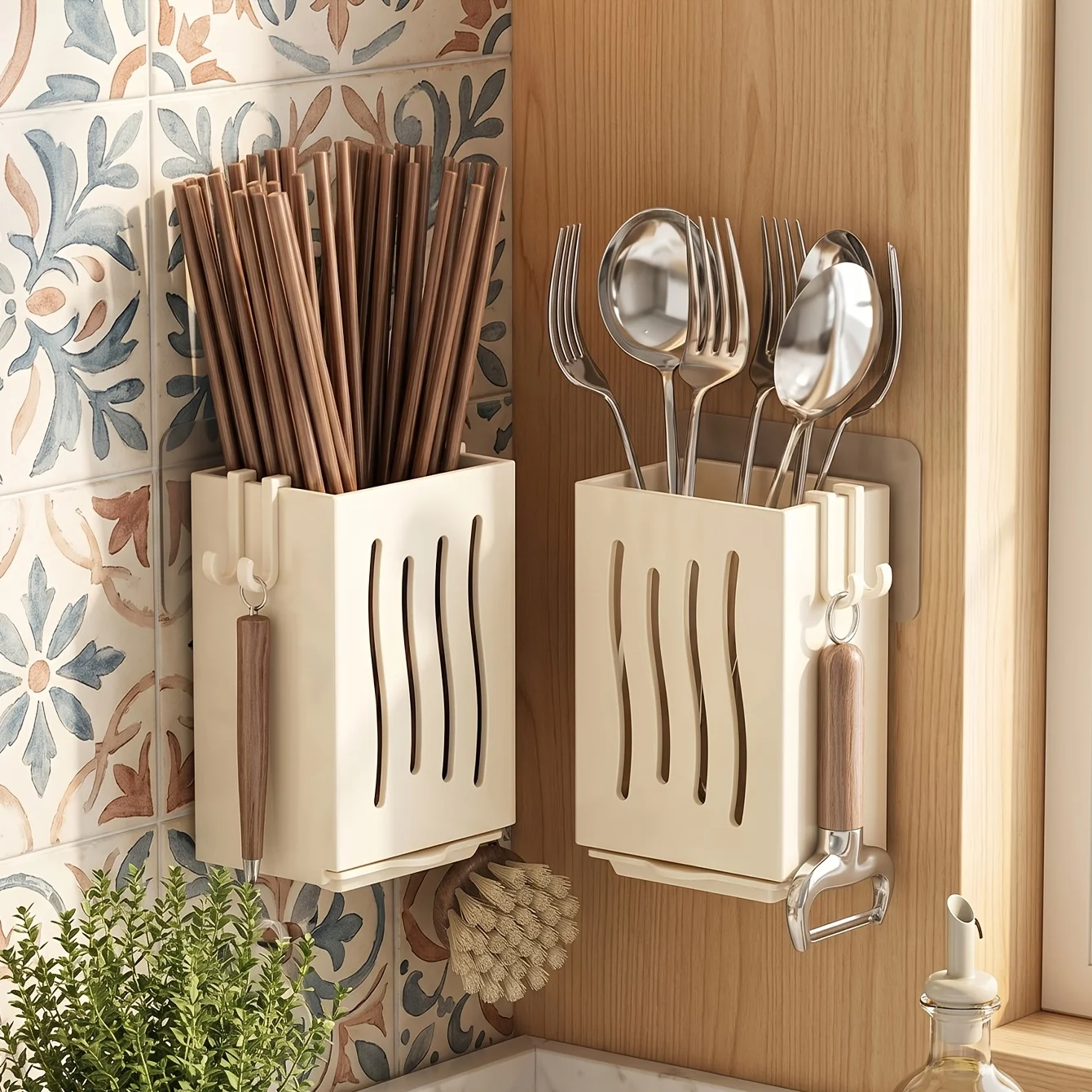1pc Kitchen Chopsticks Holder Multifunctional Hanging Drying Rack Hooks No Drilling Wall Mounted Spoon Fork Holders Plastic