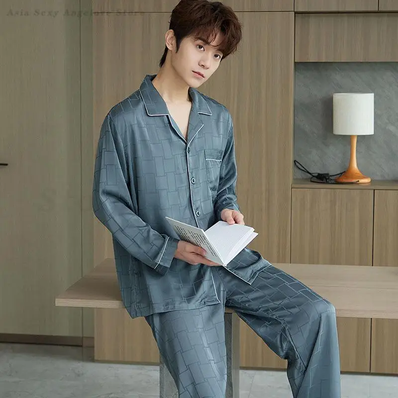 2025 New Sleepwear Long Sleeve Top&Trouser 2PCS Pajamas Set Satin Plaid Nightwear Home Clothes Loungewear Men's Casual Pyjamas