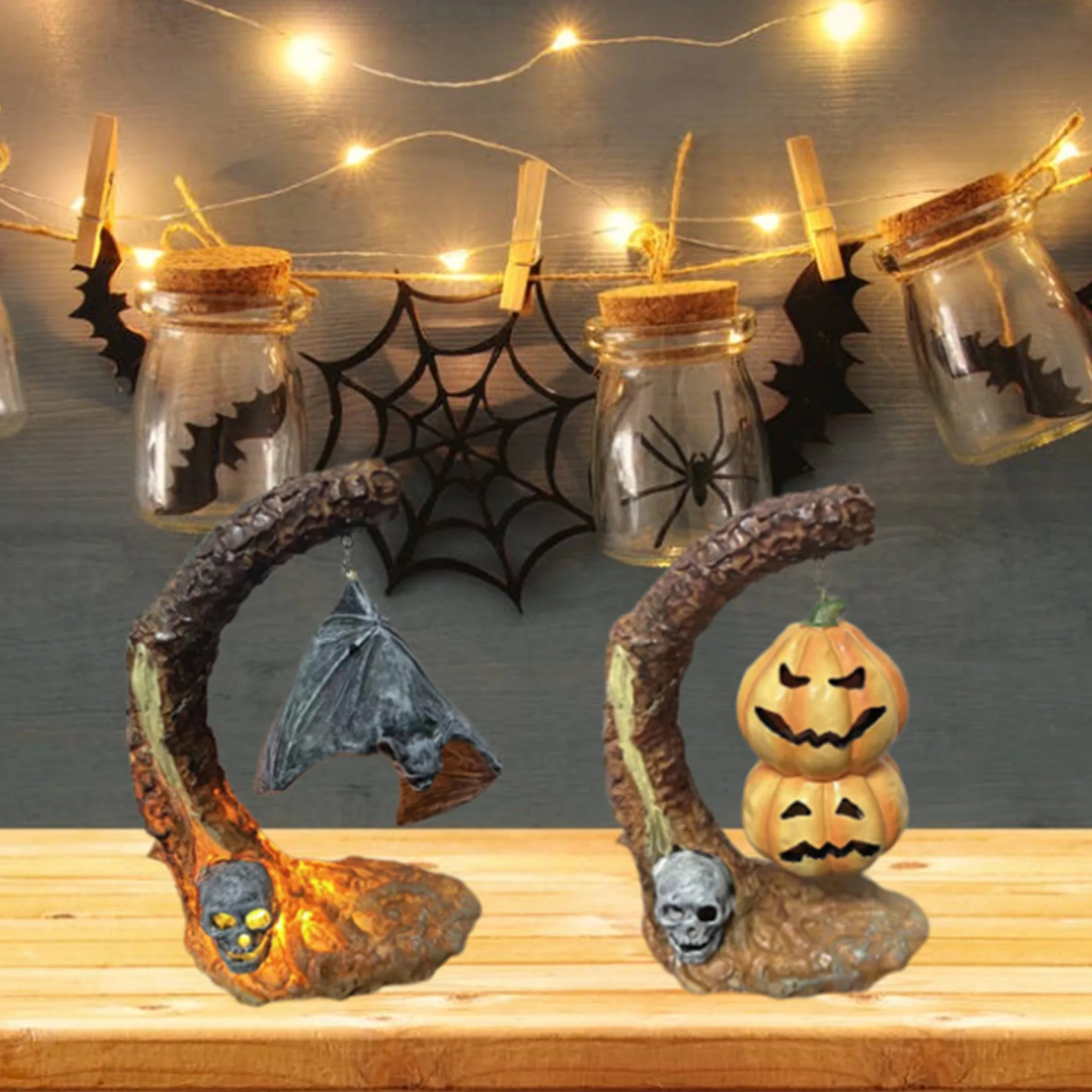 Halloween Pumpkin Lantern Festival Atmosphere Ornament Bat Lamp Resin Trick or Treat Decoration Craft