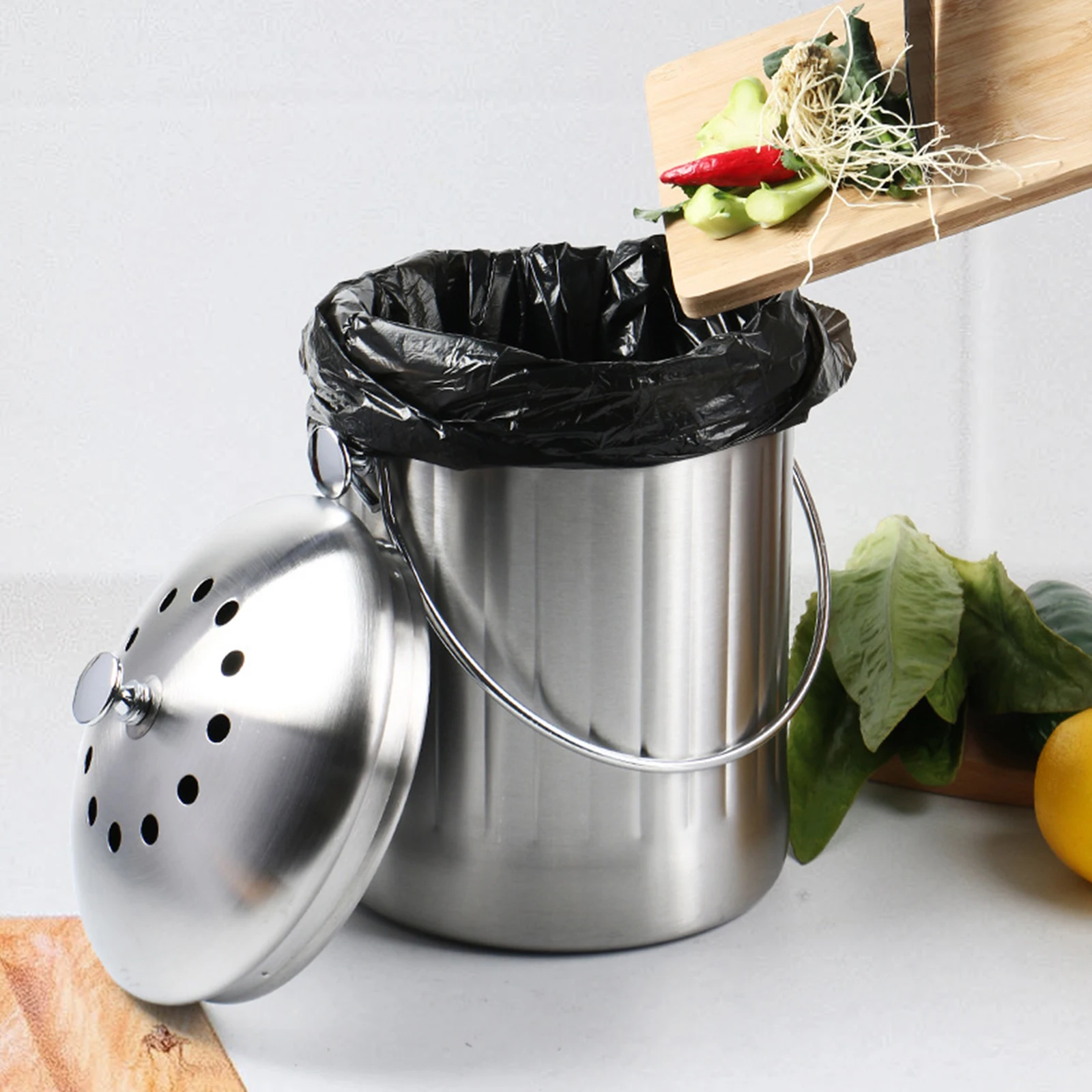 Stainless Steel Compost Bin Portable Useless Vegetables Food Waste Bucket for Gardening Counter Bathroom Countertop Kitchen