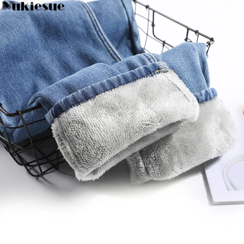 Inverno grosso velo quente solto mãe calças retas jeans feminino cintura alta casual streetwear feminino azul denim calças vestir
