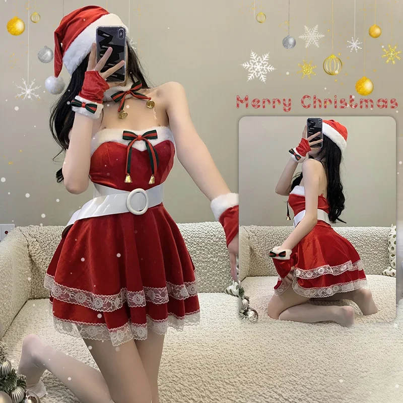 Natal sexy coelho de pelúcia menina uniforme cosplay traje veludo ano novo vestido vermelho camisola role play outfits roupa interior menina