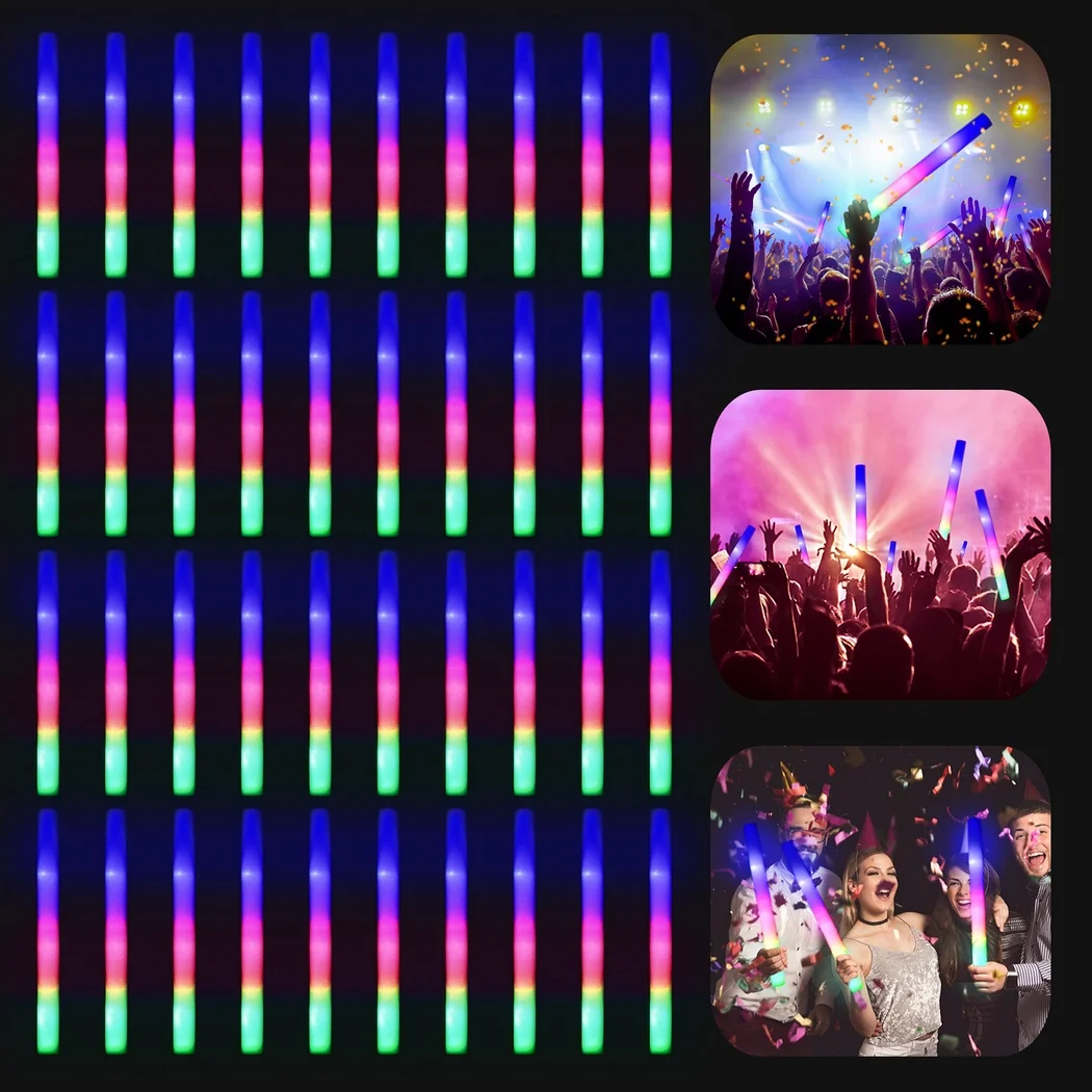 40PCS Led Foam Sticks Foam Glow Sticks With 3 Modes Colorful LED Cheer Tube Dark Flashing Light Birthday Wedding Party Supplies