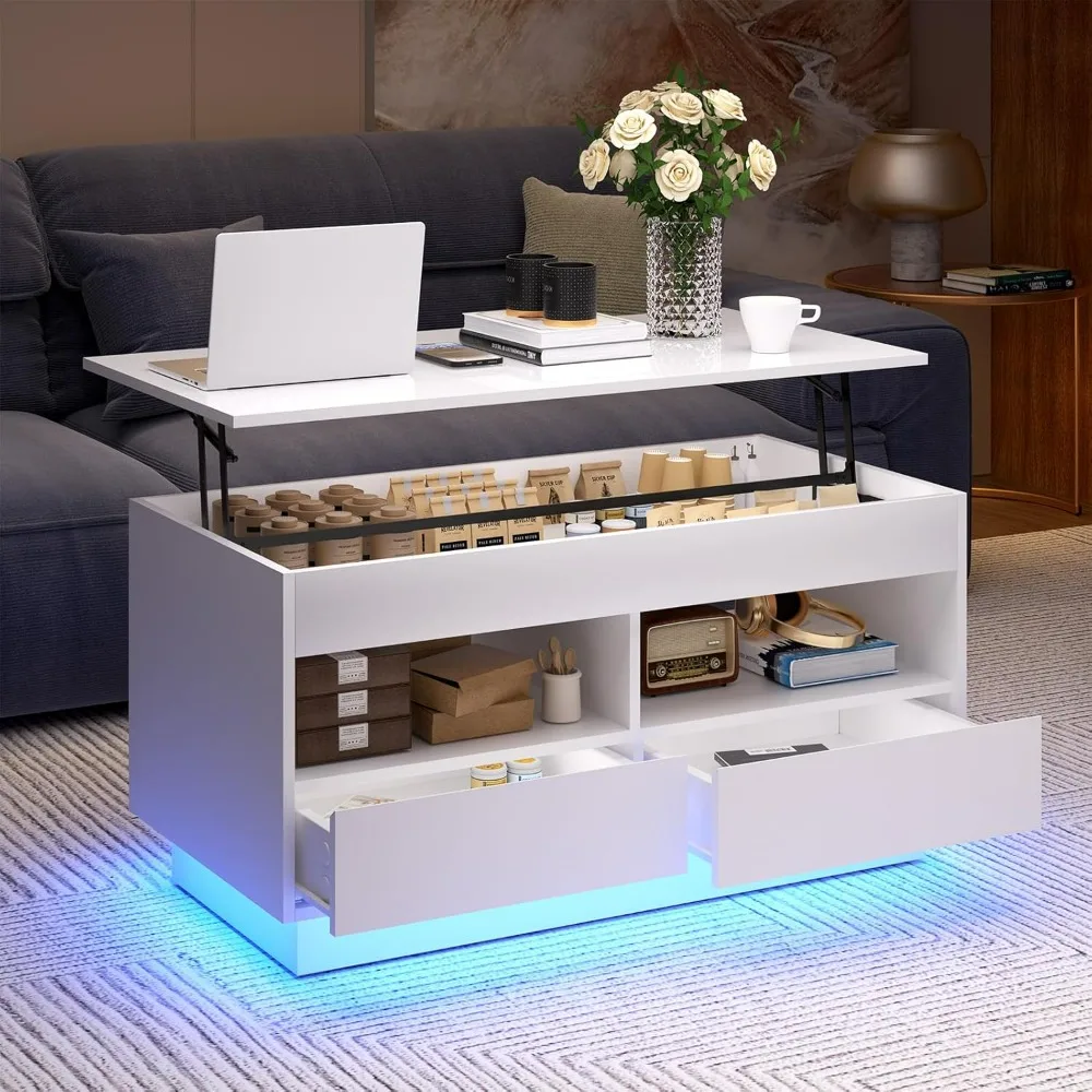 

40'' LED Coffee Table Morden with High Gloss White Lift Top Dining Table with Hidden Storage Living Room 4 Tiers Tea Table