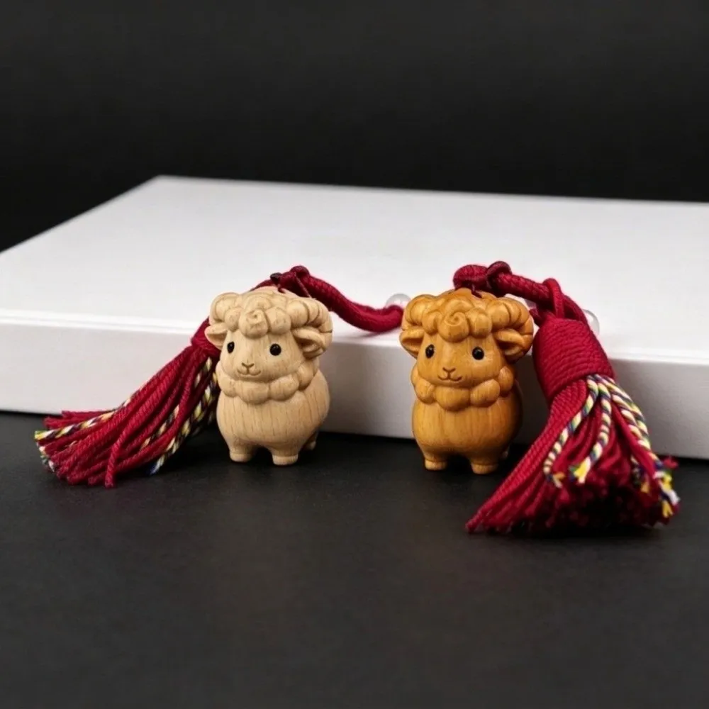 Multi-Color Tassel Wooden Sheep Keychain Chinese Zodiac Cartoon Lamb Shape Keyring Lucky Mascot Decorative Alpaca Bag Charm