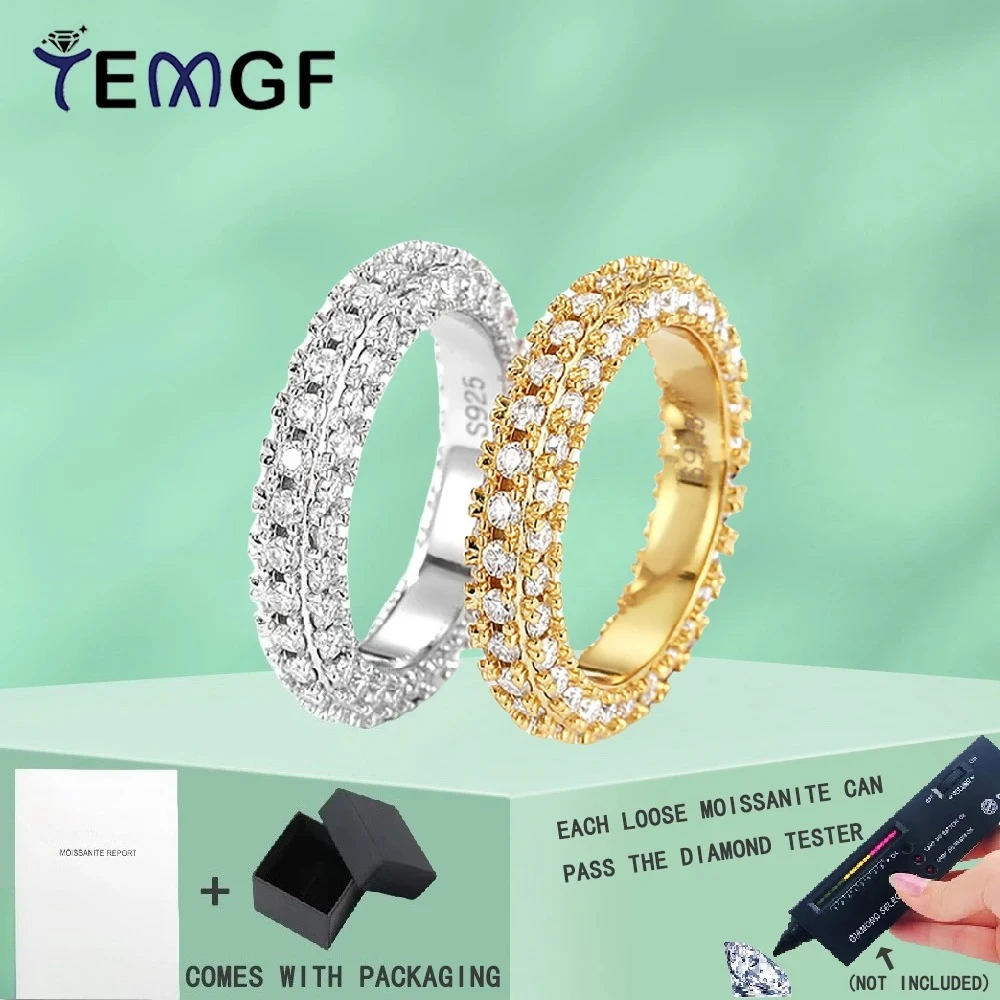 

TEMGF S925 Silver Ring 3 Sides Moissanite Inlay for Women Wedding Eternity Party Sparkling Fine Jewelry GRA Certification
