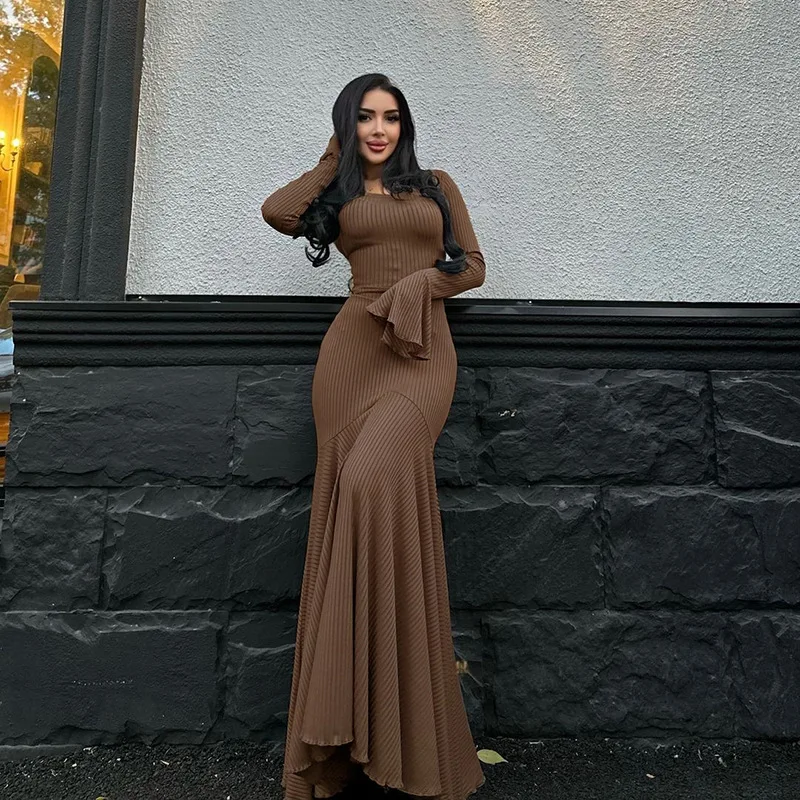 

Autumn winter 2024 new women's fashion sexy slim slim round neck strap temperament long sleeve pit strip dress