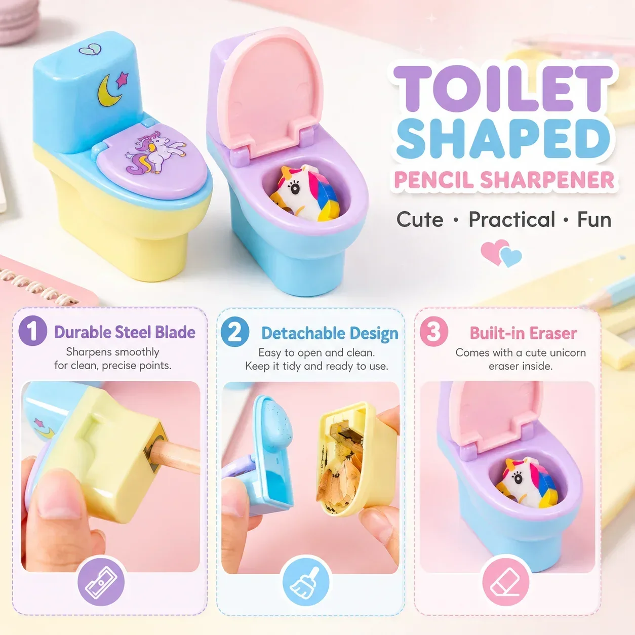 Funny Toilet Shaped Pencil Sharpener, Animal Cartoon Design with Eraser, 2Pcs Random Color Creative Stationery Set